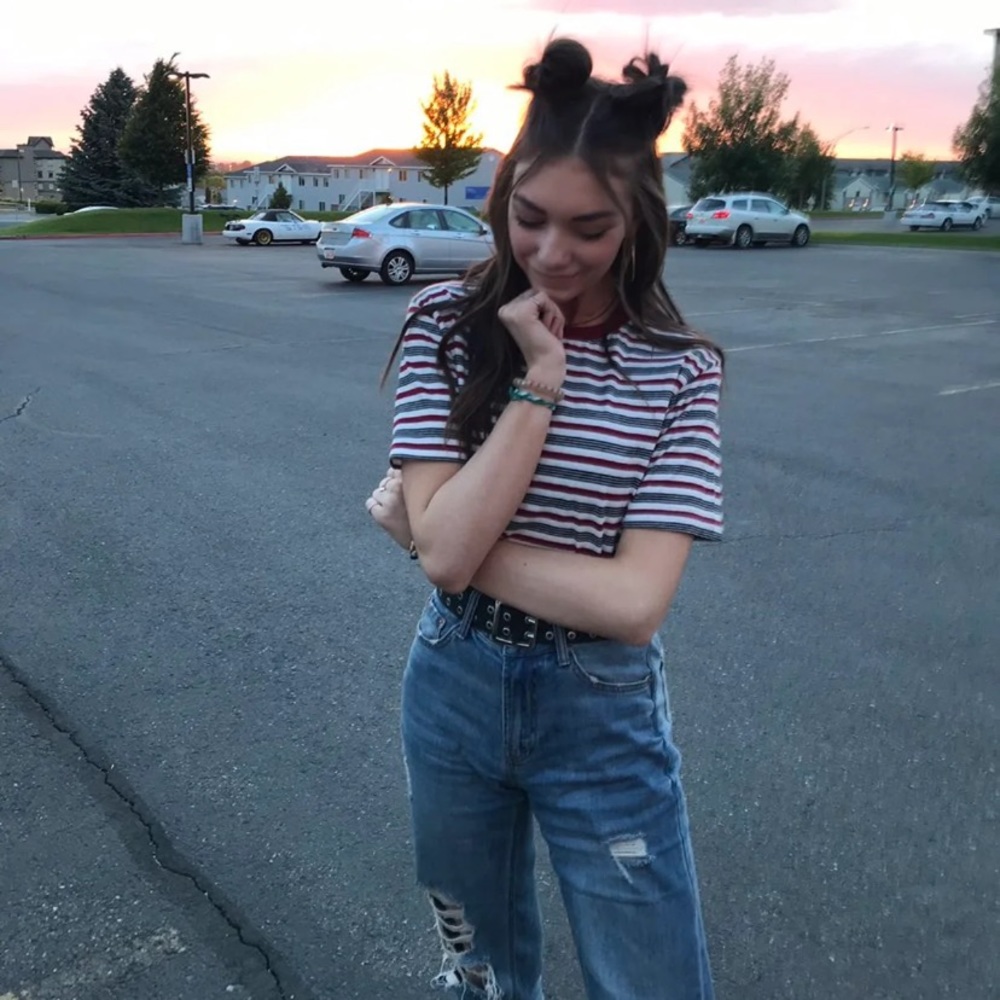 Red, White, & Black Striped Short Sleeve Shirt